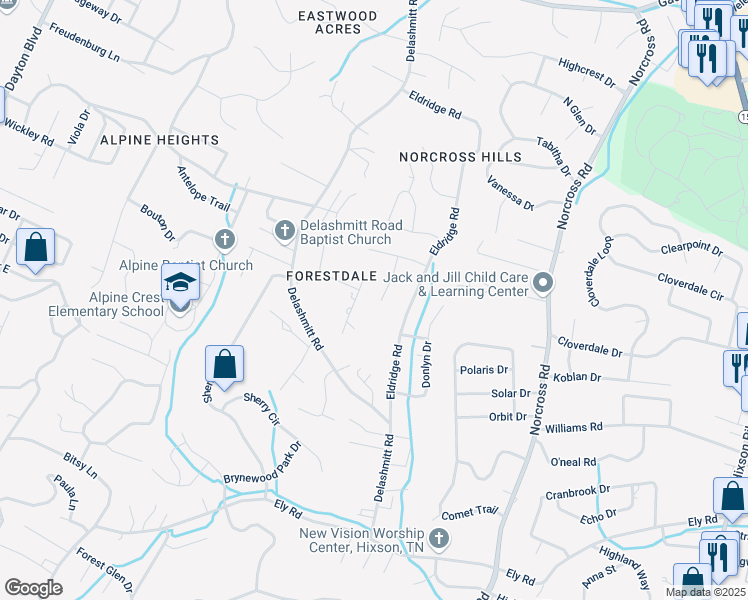 map of restaurants, bars, coffee shops, grocery stores, and more near 4787 Forest Wood Lane in Chattanooga