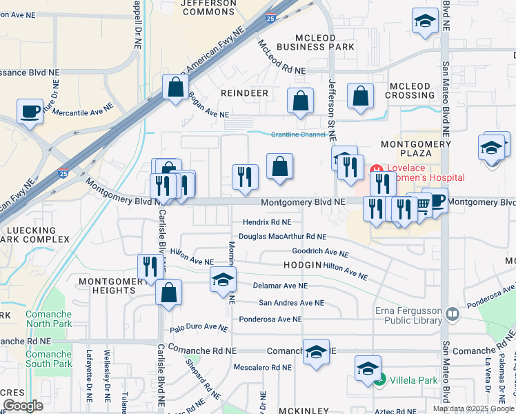 map of restaurants, bars, coffee shops, grocery stores, and more near 4201 Hendrix Road Northeast in Albuquerque