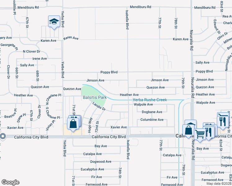 map of restaurants, bars, coffee shops, grocery stores, and more near 7325 Heather Avenue in California City