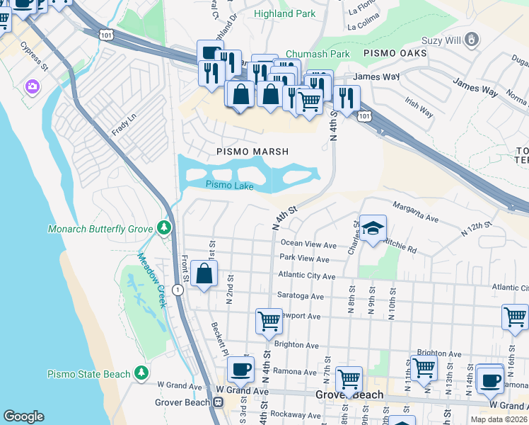 map of restaurants, bars, coffee shops, grocery stores, and more near 250 Estuary Way in Grover Beach