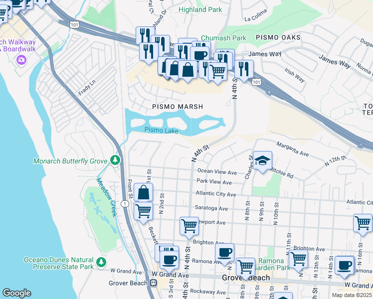 map of restaurants, bars, coffee shops, grocery stores, and more near 250 Estuary Way in Grover Beach