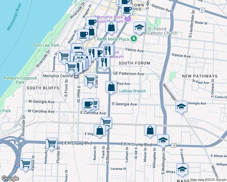 map of restaurants, bars, coffee shops, grocery stores, and more near 247 Webster Avenue in Memphis