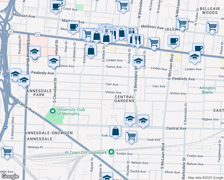 map of restaurants, bars, coffee shops, grocery stores, and more near 1585 Vinton Avenue in Memphis
