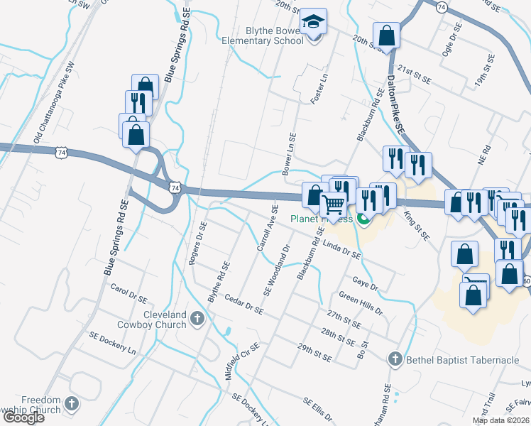 map of restaurants, bars, coffee shops, grocery stores, and more near 616 Linda Drive Southeast in Cleveland