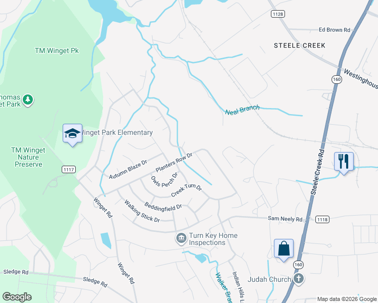 map of restaurants, bars, coffee shops, grocery stores, and more near 13131 Planters Row Drive in Charlotte