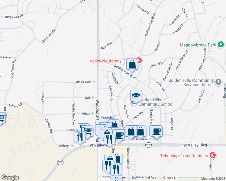 map of restaurants, bars, coffee shops, grocery stores, and more near 20312 Sierra Avenue in Tehachapi