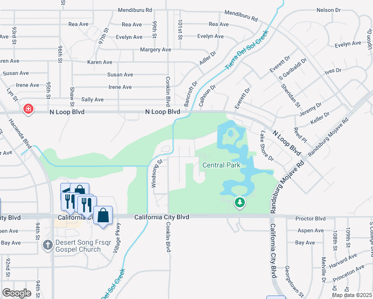 map of restaurants, bars, coffee shops, grocery stores, and more near 21313 Heather Place in California City
