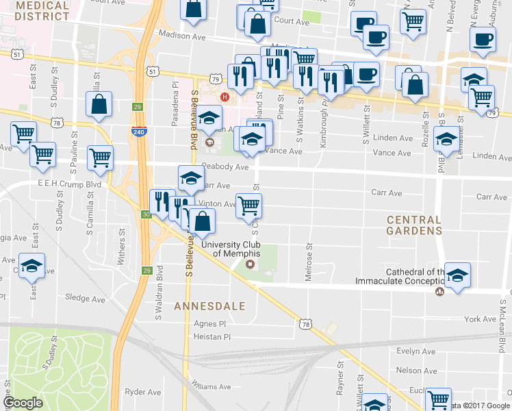 map of restaurants, bars, coffee shops, grocery stores, and more near S Cleveland St & Vinton Ave in Memphis