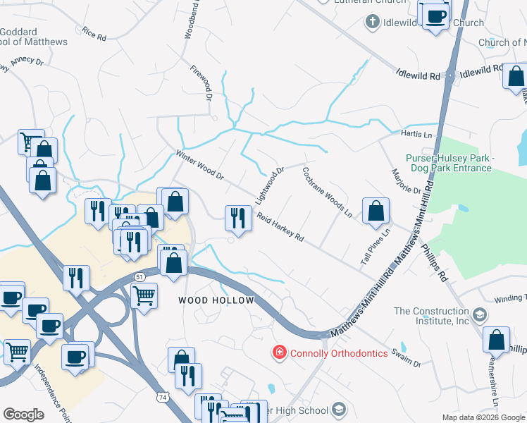 map of restaurants, bars, coffee shops, grocery stores, and more near 1200 Reid Harkey Road in Matthews