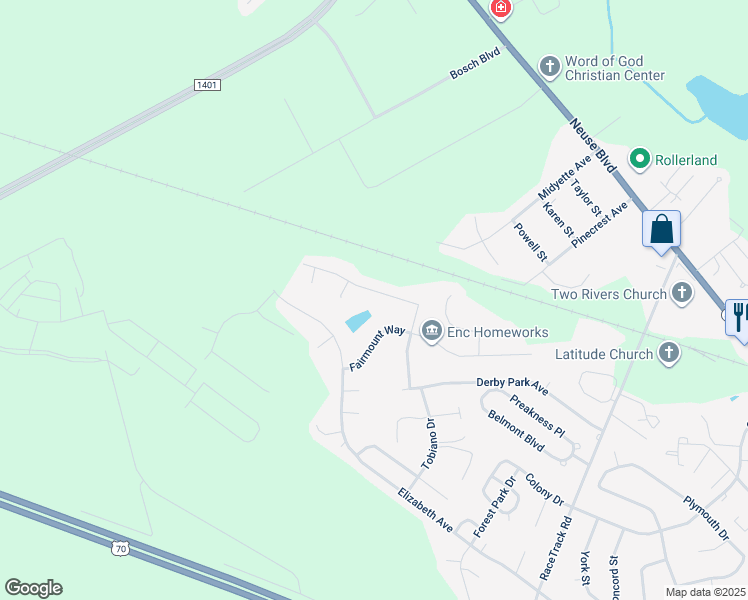 map of restaurants, bars, coffee shops, grocery stores, and more near 219 Saratoga Lane in New Bern