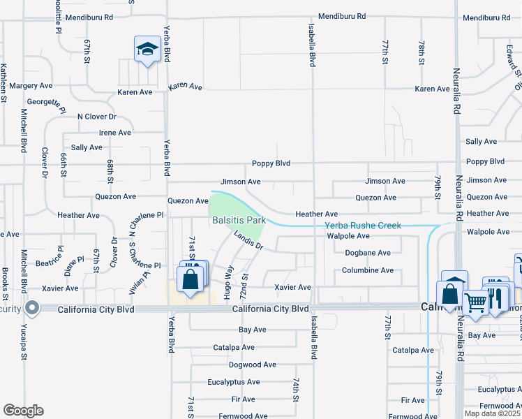map of restaurants, bars, coffee shops, grocery stores, and more near 7272 Heather Avenue in California City