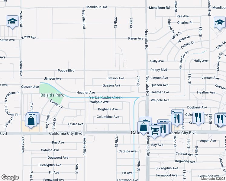map of restaurants, bars, coffee shops, grocery stores, and more near Heather Avenue in California City