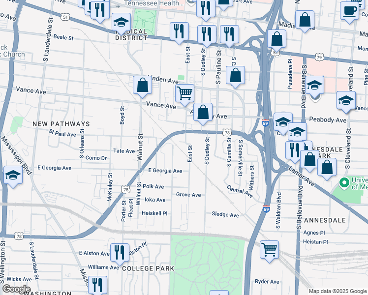 map of restaurants, bars, coffee shops, grocery stores, and more near 919 Coward Place in Memphis