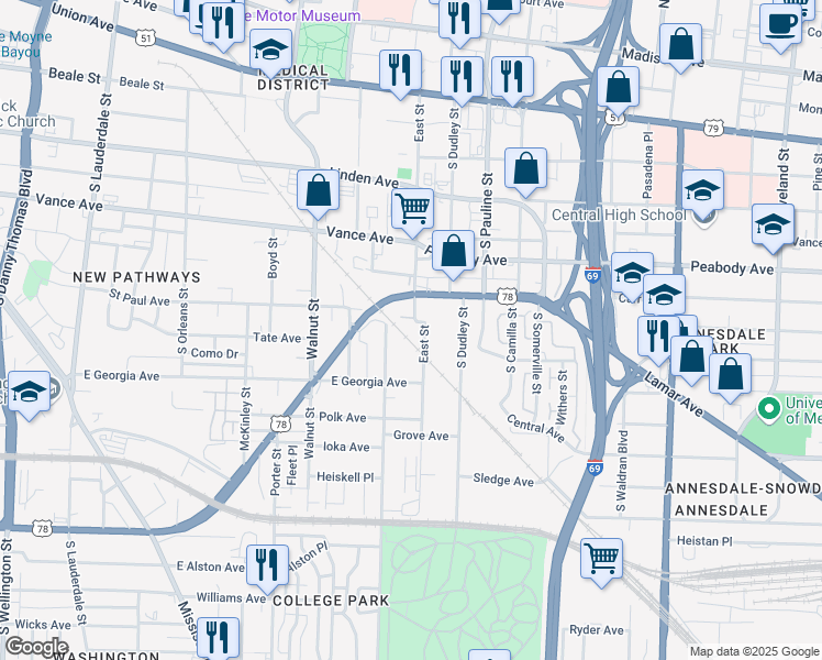 map of restaurants, bars, coffee shops, grocery stores, and more near 919 Coward Place in Memphis