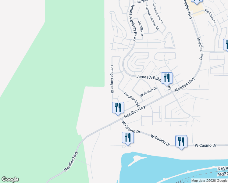 map of restaurants, bars, coffee shops, grocery stores, and more near 3658 Cottage Canyon Street in Laughlin