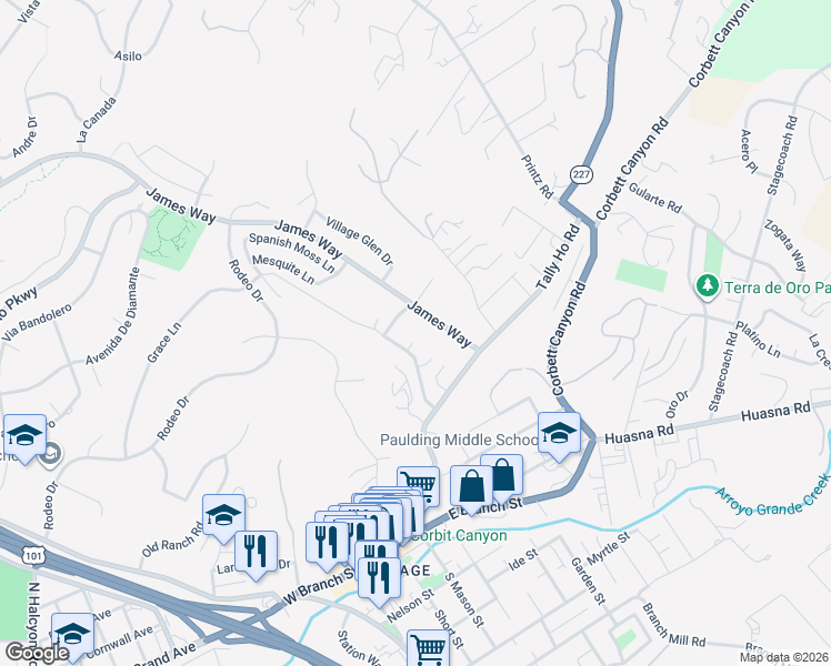 map of restaurants, bars, coffee shops, grocery stores, and more near 555 Ladera Place in Arroyo Grande