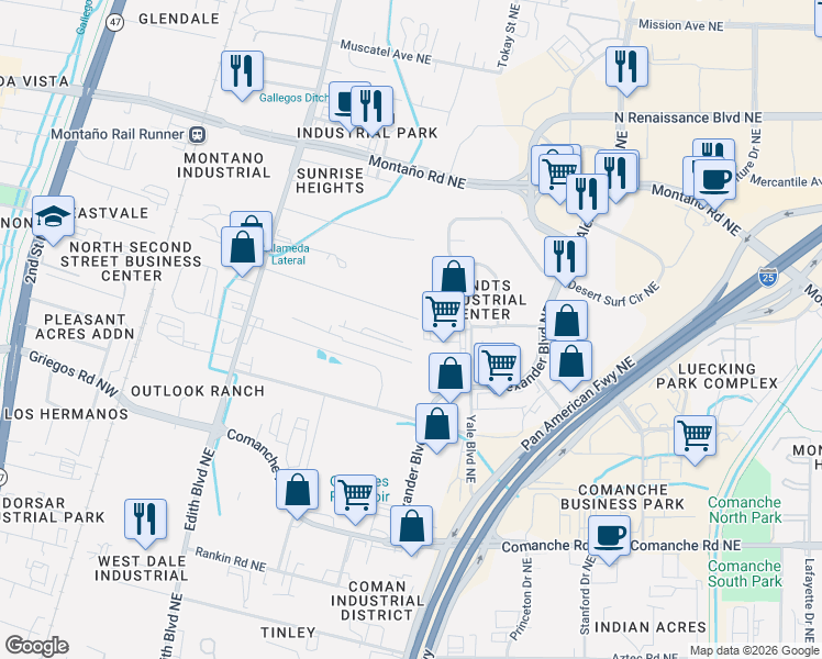 map of restaurants, bars, coffee shops, grocery stores, and more near 711 Carmony Road Northeast in Albuquerque