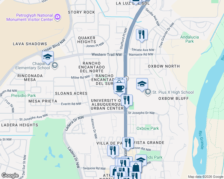 map of restaurants, bars, coffee shops, grocery stores, and more near 5800 Mesa Sombra Place Northwest in Albuquerque
