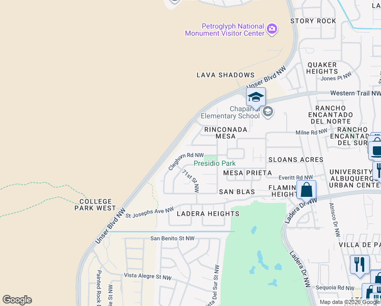 map of restaurants, bars, coffee shops, grocery stores, and more near 7013 Armand Road Northwest in Albuquerque