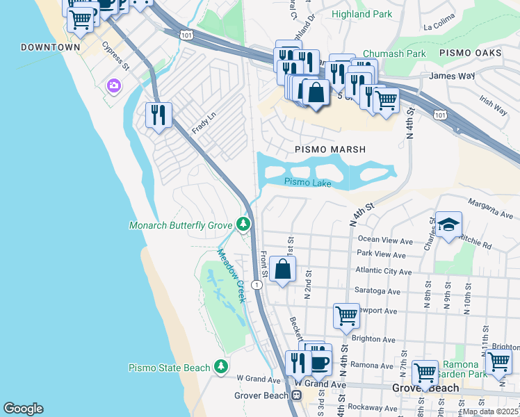 map of restaurants, bars, coffee shops, grocery stores, and more near 804 Front Street in Grover Beach