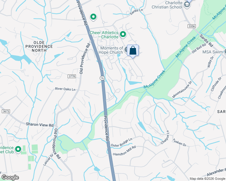 map of restaurants, bars, coffee shops, grocery stores, and more near 5959 Providence Road in Charlotte