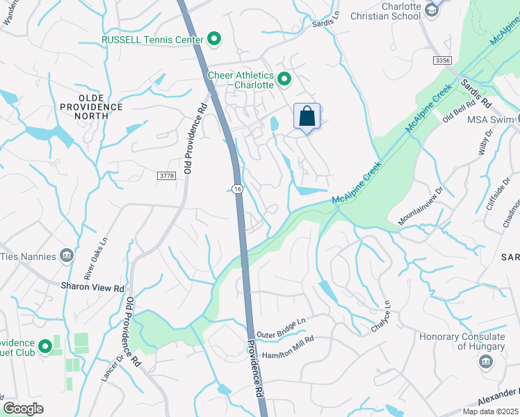 map of restaurants, bars, coffee shops, grocery stores, and more near 6013 Providence Road in Charlotte
