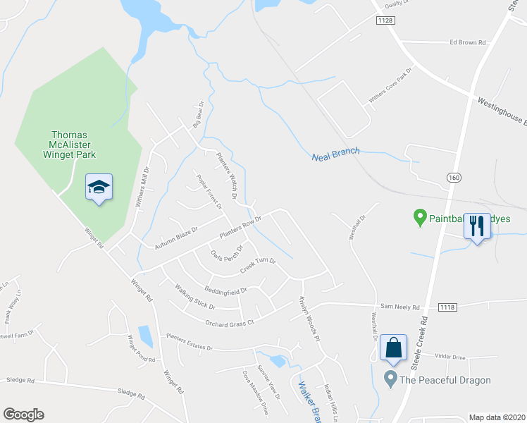 map of restaurants, bars, coffee shops, grocery stores, and more near 13108 Planters Row Drive in Charlotte