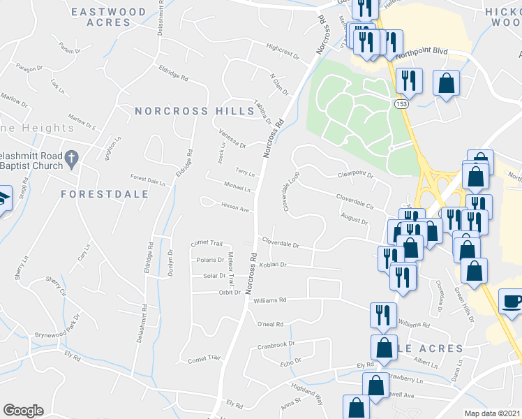 map of restaurants, bars, coffee shops, grocery stores, and more near 4458 Norcross Road in Chattanooga