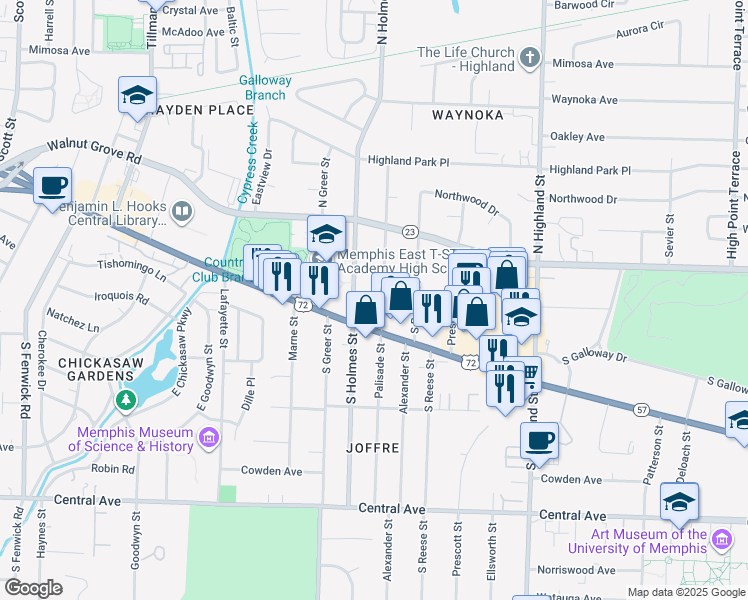 map of restaurants, bars, coffee shops, grocery stores, and more near 3294 Poplar Avenue in Memphis