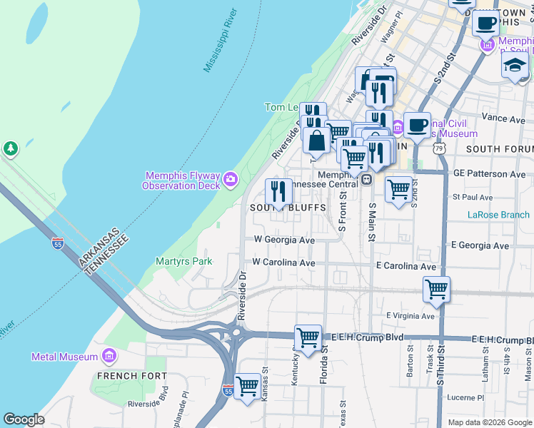 map of restaurants, bars, coffee shops, grocery stores, and more near 77 West Riverview Drive in Memphis