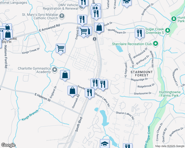 map of restaurants, bars, coffee shops, grocery stores, and more near 7600 South Boulevard in Charlotte