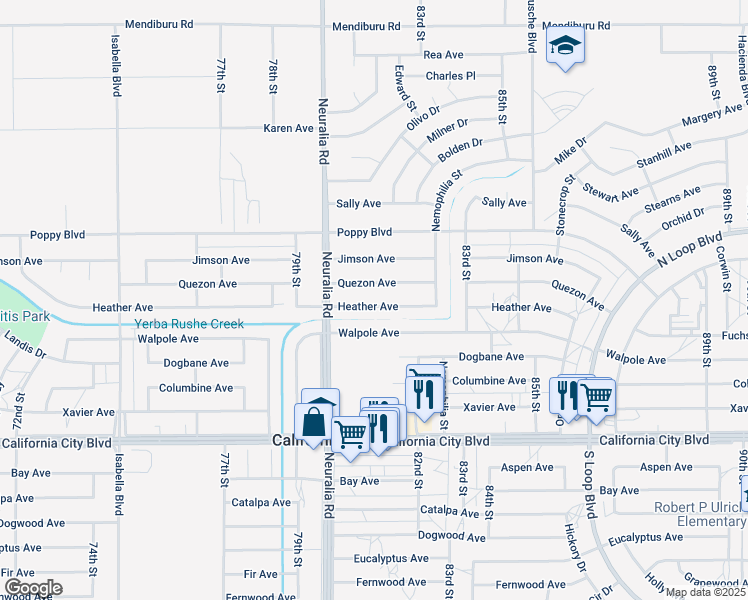 map of restaurants, bars, coffee shops, grocery stores, and more near 8107 Heather Avenue in California City