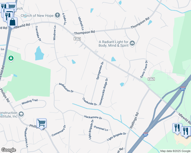 map of restaurants, bars, coffee shops, grocery stores, and more near 14216 Springwater Drive in Matthews