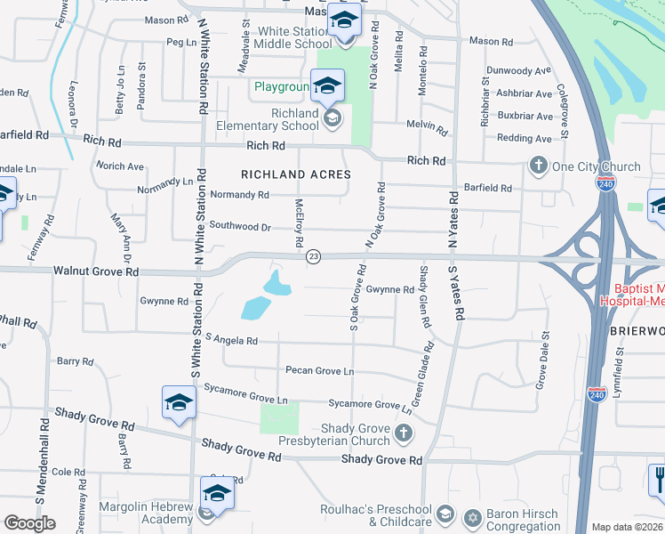 map of restaurants, bars, coffee shops, grocery stores, and more near 5416 Gwynne Road in Memphis