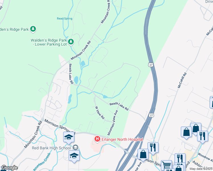 map of restaurants, bars, coffee shops, grocery stores, and more near 605 Spring Lake Court in Chattanooga