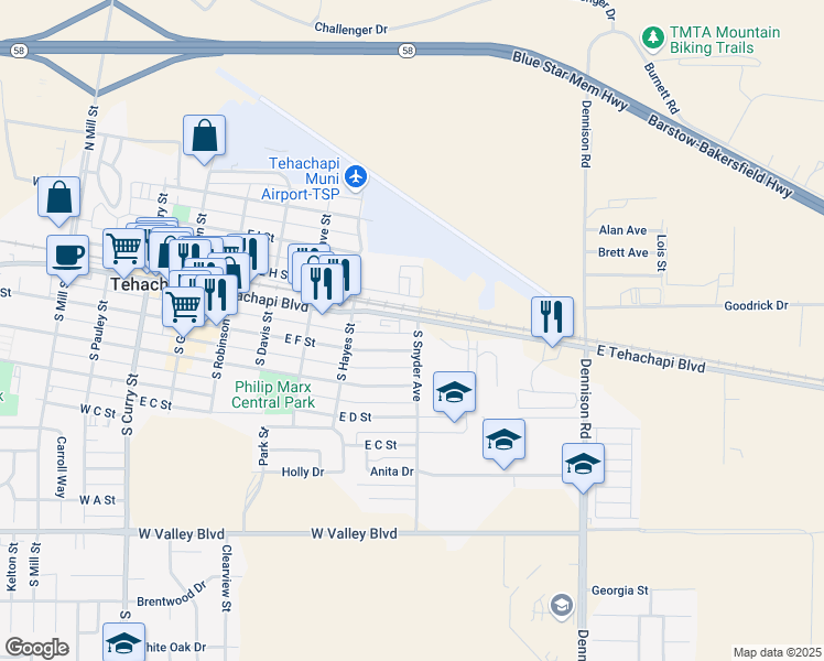 map of restaurants, bars, coffee shops, grocery stores, and more near 560 East Tehachapi Boulevard in Tehachapi