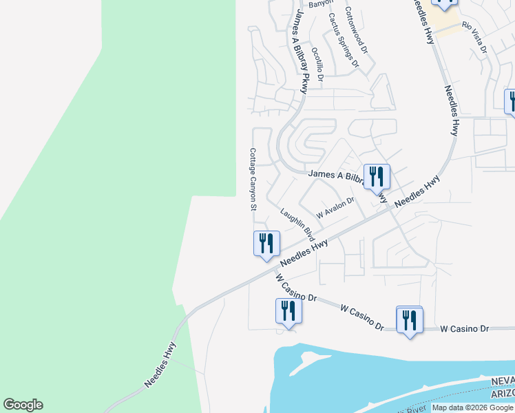 map of restaurants, bars, coffee shops, grocery stores, and more near 3658 Cottage Canyon Street in Laughlin