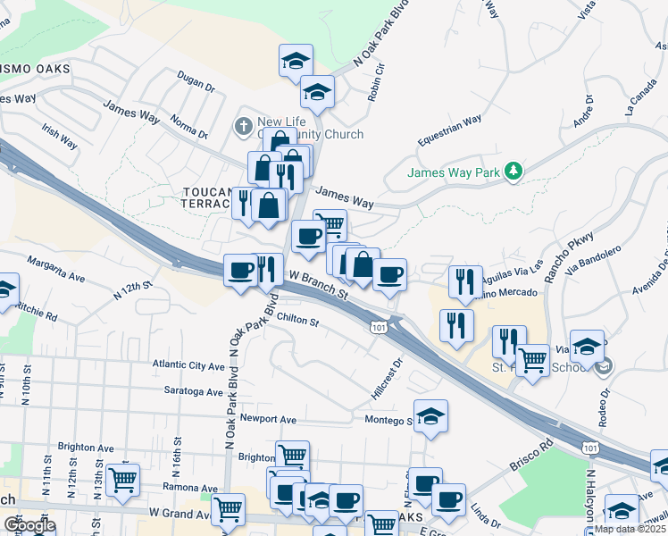 map of restaurants, bars, coffee shops, grocery stores, and more near 1540 West Branch Street in Arroyo Grande
