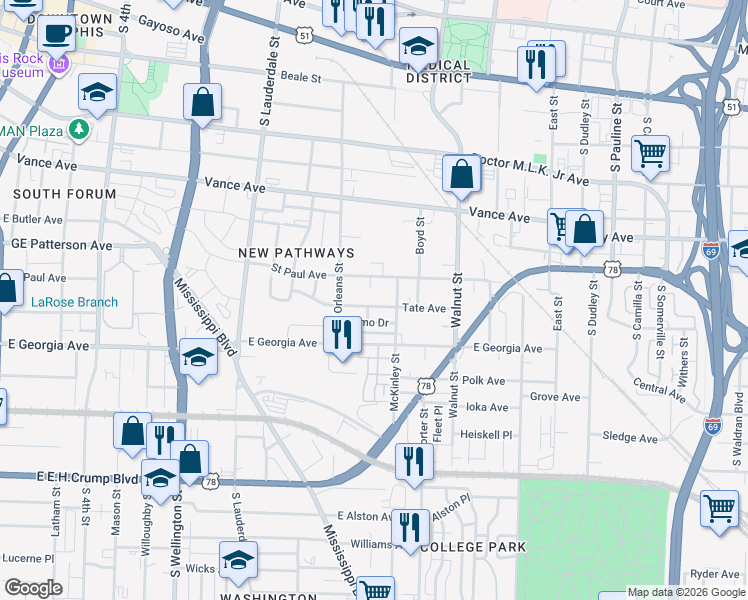 map of restaurants, bars, coffee shops, grocery stores, and more near 677 Como Drive in Memphis