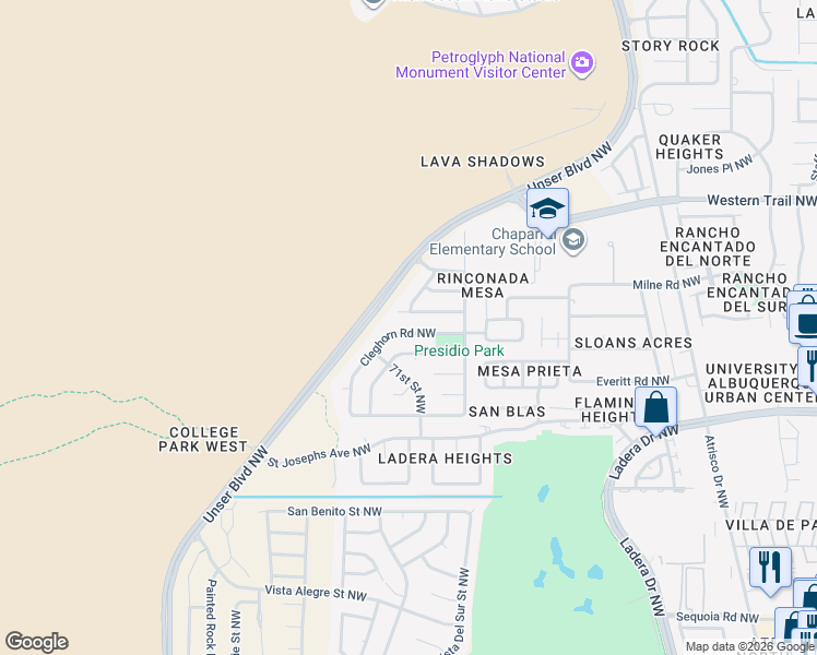 map of restaurants, bars, coffee shops, grocery stores, and more near 7013 Armand Road Northwest in Albuquerque