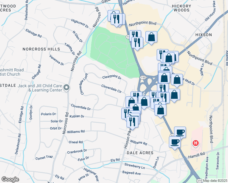 map of restaurants, bars, coffee shops, grocery stores, and more near 1408 Cloverdale Circle in Chattanooga