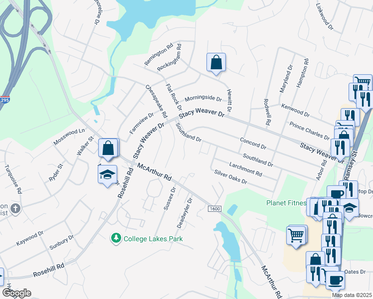 map of restaurants, bars, coffee shops, grocery stores, and more near 5074 Linton Hall Road in Fayetteville