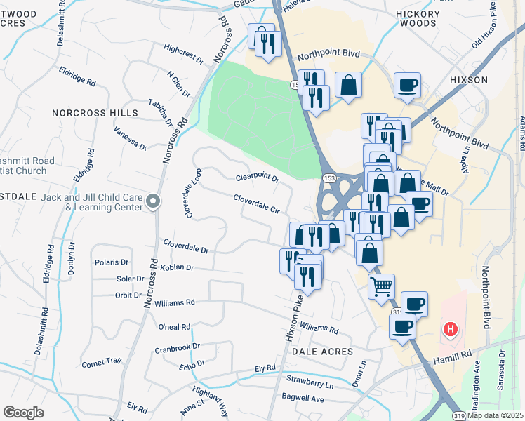map of restaurants, bars, coffee shops, grocery stores, and more near 1408 Cloverdale Circle in Chattanooga
