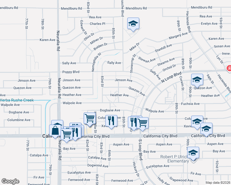 map of restaurants, bars, coffee shops, grocery stores, and more near Heather Avenue in California City