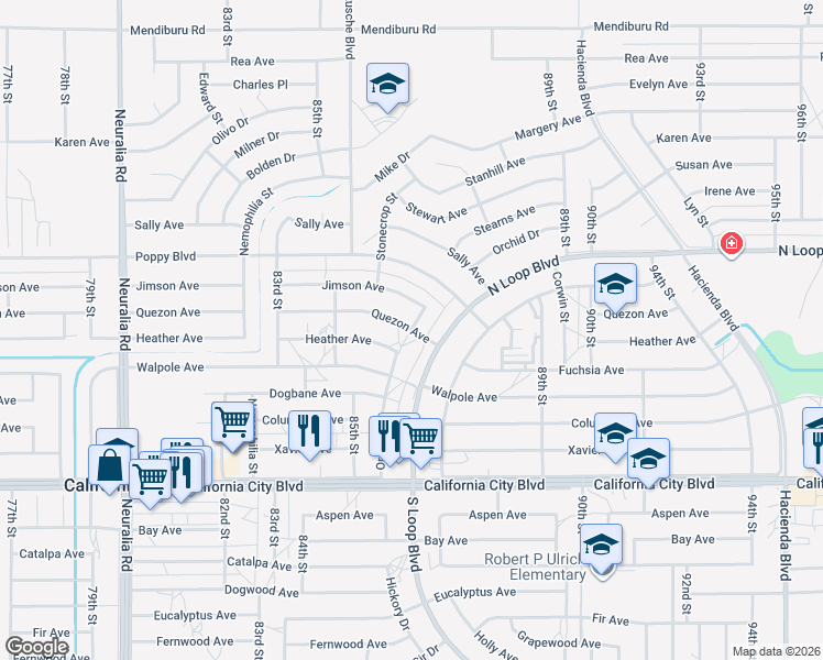 map of restaurants, bars, coffee shops, grocery stores, and more near Orchid Drive in California City