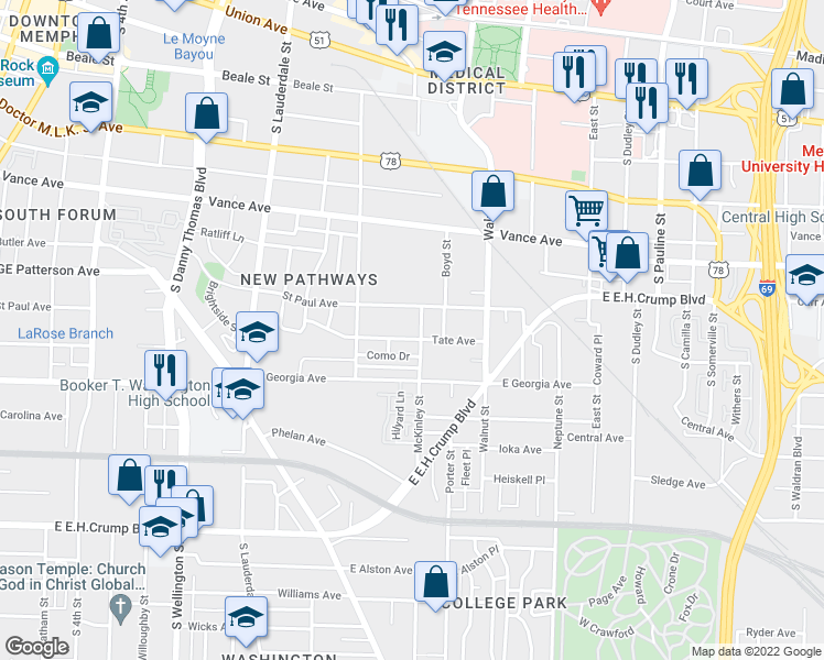 map of restaurants, bars, coffee shops, grocery stores, and more near 712 Tate Ave in Memphis