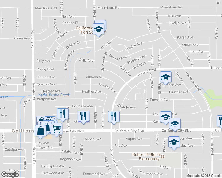 map of restaurants, bars, coffee shops, grocery stores, and more near Orchid Drive in California City