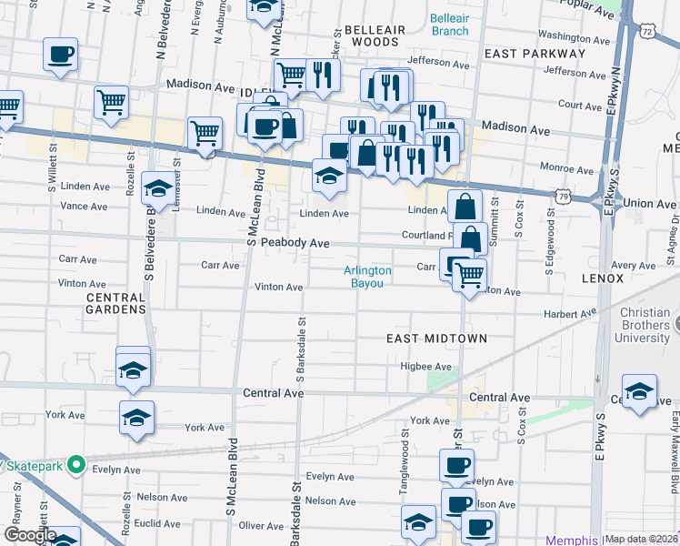 map of restaurants, bars, coffee shops, grocery stores, and more near 1961 Carr Avenue in Memphis