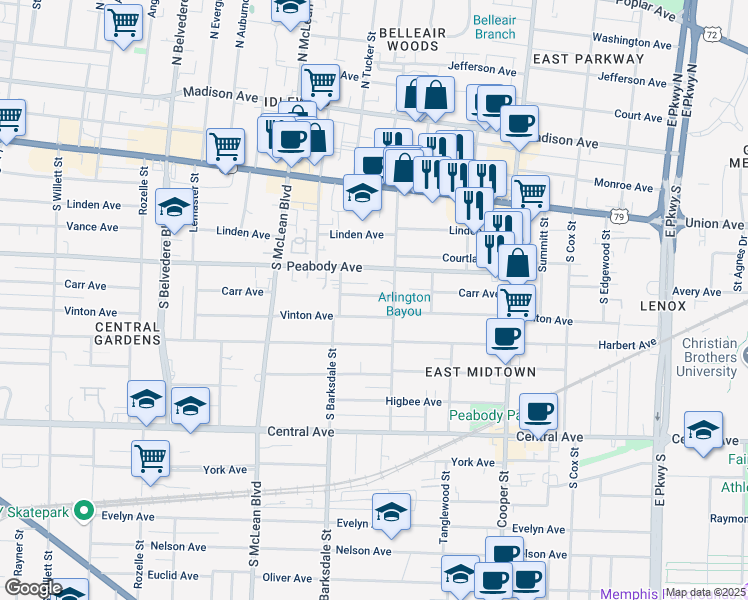 map of restaurants, bars, coffee shops, grocery stores, and more near 1961 Carr Avenue in Memphis