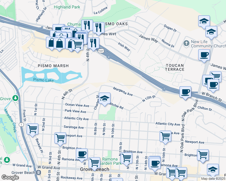 map of restaurants, bars, coffee shops, grocery stores, and more near 952 Margarita Avenue in Grover Beach